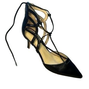 MARC FISHER BLACK LEATHER POINTY TOE STRAPPY LACE PUMPS HEELS, SIZE 7.5M